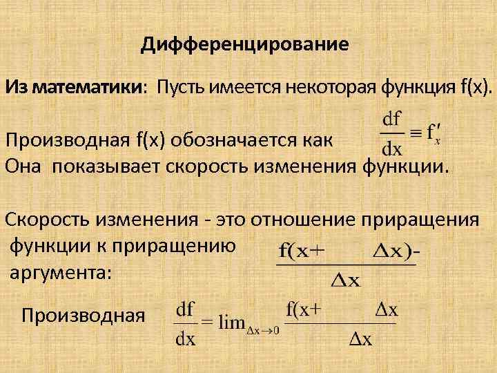 Дифференцирование Из математики: Пусть имеется некоторая функция f(x). Производная f(x) обозначается как Она показывает