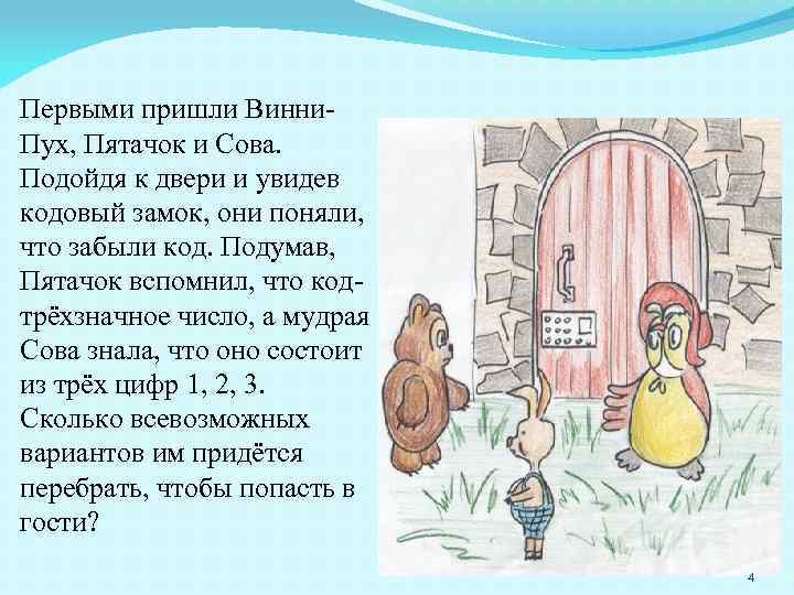 Первыми пришли Винни. Пух, Пятачок и Сова. Подойдя к двери и увидев кодовый замок,