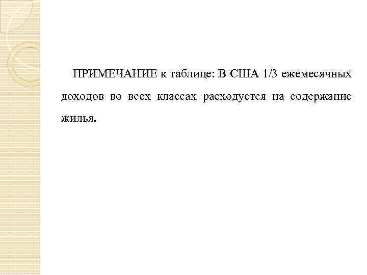 ПРИМЕЧАНИЕ к таблице: В США 1/3 ежемесячных доходов во всех классах расходуется на содержание