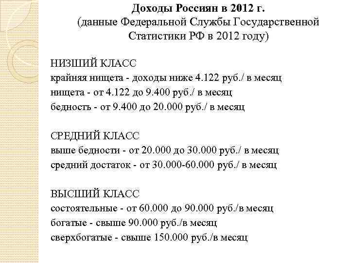 Доходы Россиян в 2012 г. (данные Федеральной Службы Государственной Статистики РФ в 2012 году)