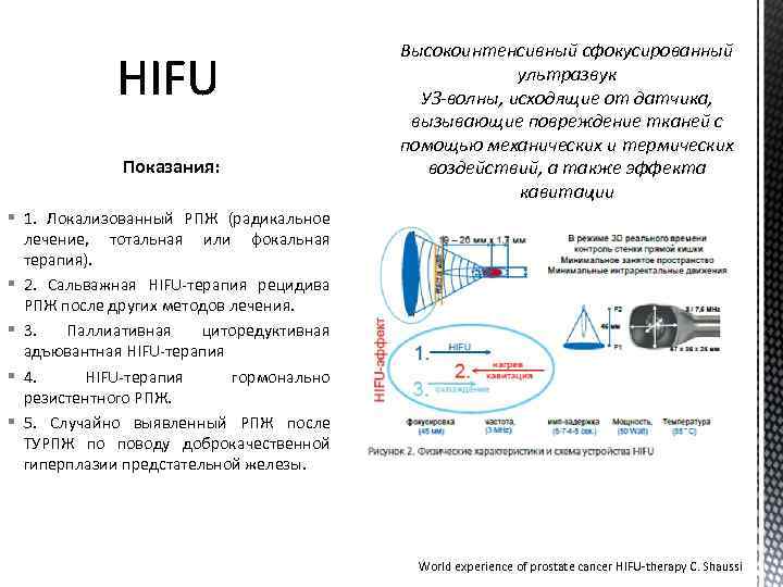 Показания: Высокоинтенсивный сфокусированный ультразвук УЗ-волны, исходящие от датчика, вызывающие повреждение тканей с помощью механических