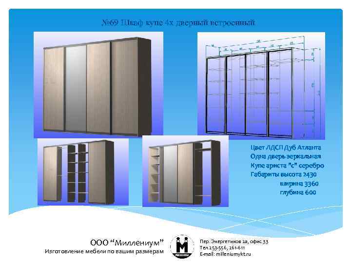 № 69 Шкаф купе 4 х дверный встроенный Цвет ЛДСП Дуб Атланта Одна дверь