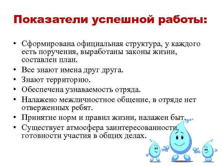 Показатели успешной работы: • Сформирована официальная структура, у каждого есть поручения, выработаны законы жизни,