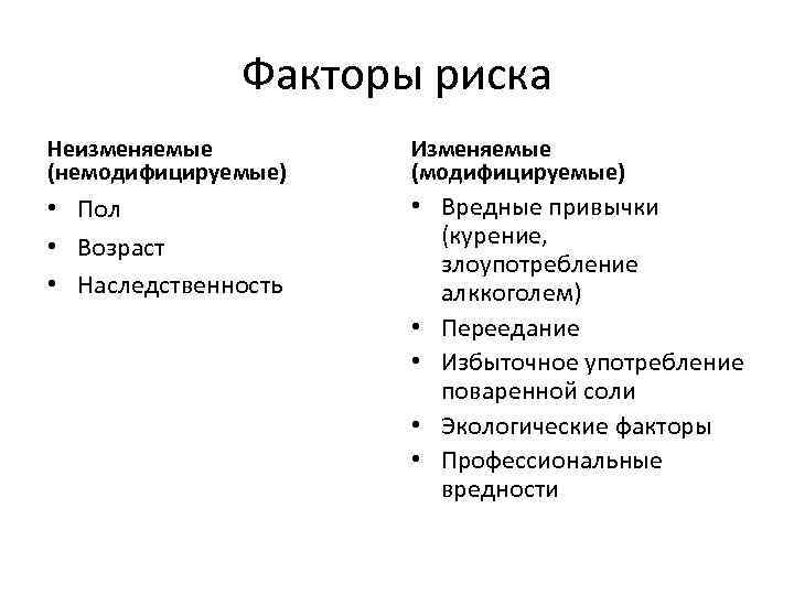 Факторы риска Неизменяемые (немодифицируемые) Изменяемые (модифицируемые) • Пол • Возраст • Наследственность • Вредные