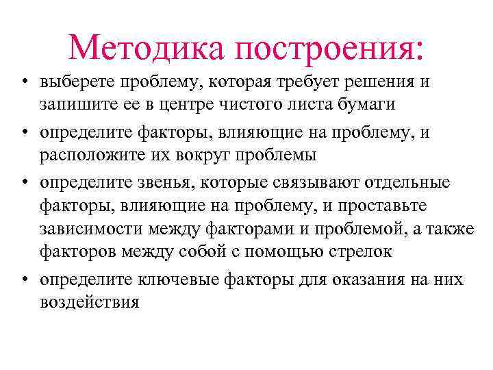 Методика построения: • выберете проблему, которая требует решения и запишите ее в центре чистого