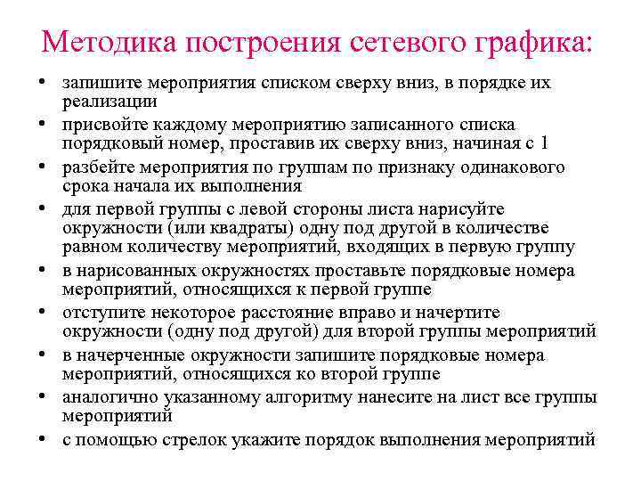 Методика построения сетевого графика: • запишите мероприятия списком сверху вниз, в порядке их реализации