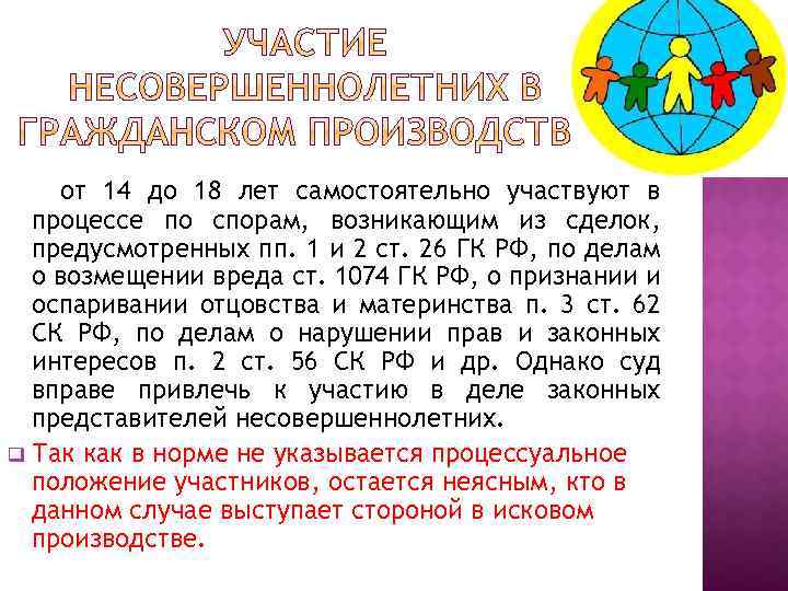 от 14 до 18 лет самостоятельно участвуют в процессе по спорам, возникающим из сделок,