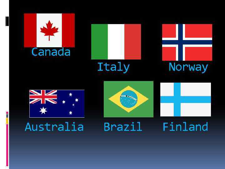 Canada Italy Australia Brazil Norway Finland 