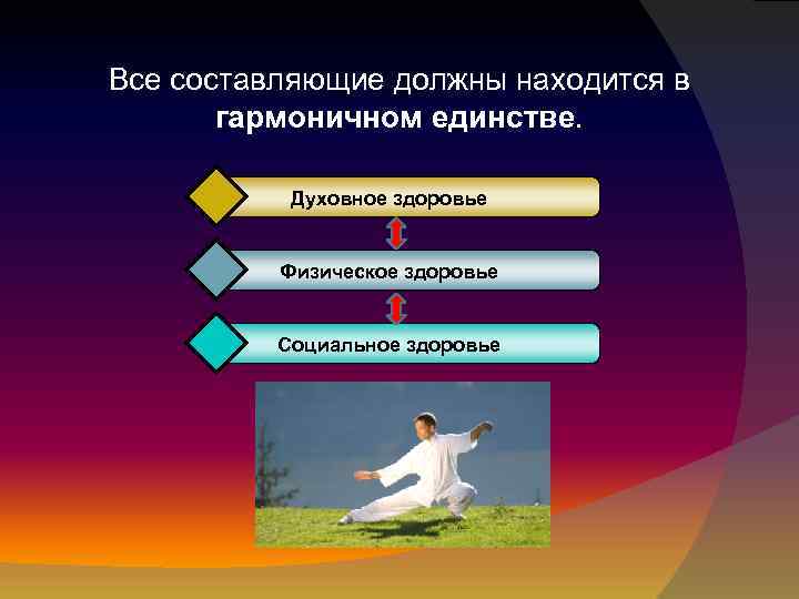 Все составляющие должны находится в гармоничном единстве. Духовное здоровье Физическое здоровье Социальное здоровье 