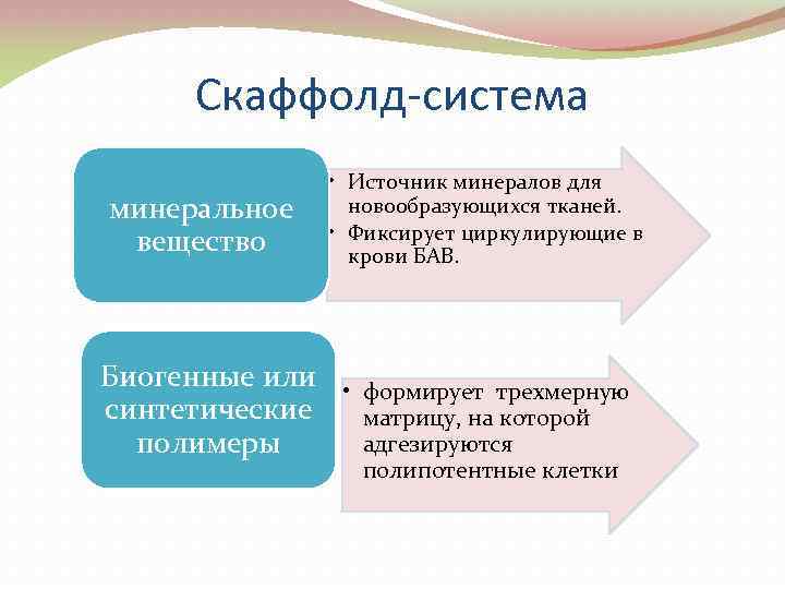 Скаффолд-система минеральное вещество • Источник минералов для новообразующихся тканей. • Фиксирует циркулирующие в крови