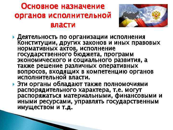 Основное назначение органов исполнительной власти Деятельность по организации исполнения Конституции, других законов и иных