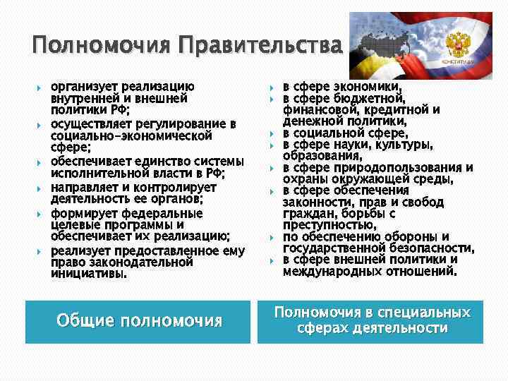 Полномочия Правительства организует реализацию внутренней и внешней политики РФ; осуществляет регулирование в социально-экономической сфере;