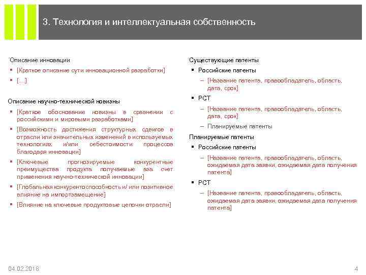 3. Технология и интеллектуальная собственность Описание инновации Существующие патенты § [Краткое описание сути инновационной