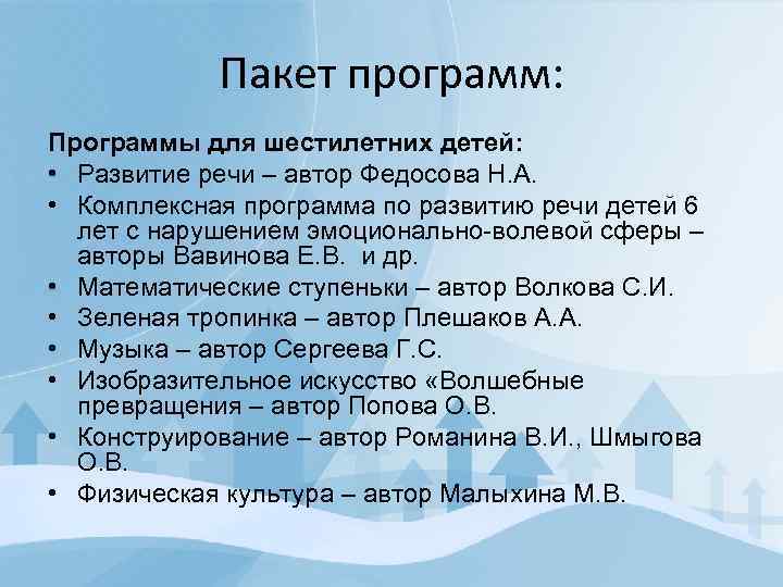 Пакет программ: Программы для шестилетних детей: • Развитие речи – автор Федосова Н. А.