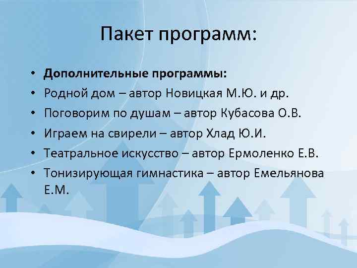 Пакет программ: • • • Дополнительные программы: Родной дом – автор Новицкая М. Ю.