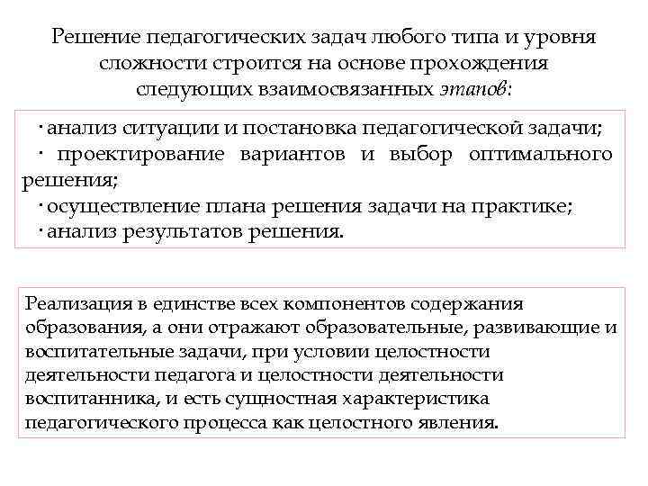 Решение педагогических задач любого типа и уровня сложности строится на основе прохождения следующих взаимосвязанных