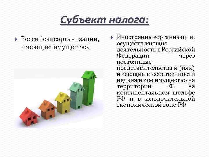 Субъект налога: Российскиеорганизации, имеющие имущество. Иностранныеорганизации, осуществляющие деятельность в Российской Федерации через постоянные представительства