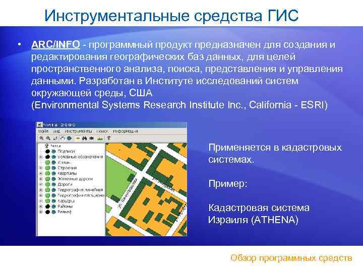 Инструментальные средства ГИС • ARC/INFO - программный продукт предназначен для создания и редактирования географических