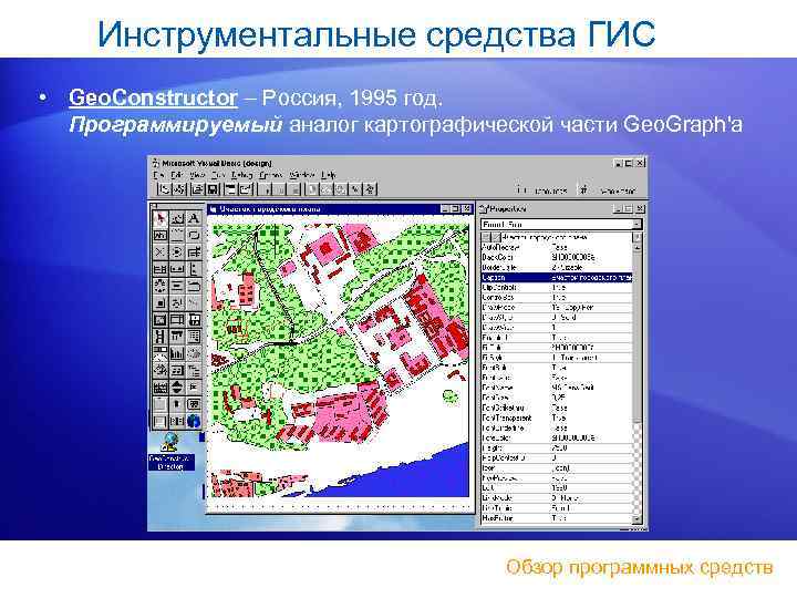 Инструментальные средства ГИС • Geo. Constructor Россия, 1995 год. Программируемый аналог картографической части Geo.