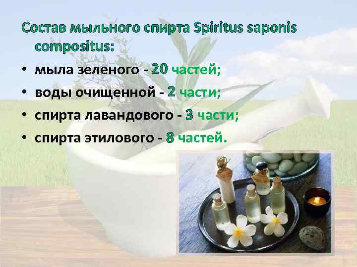Состав мыльного спирта Spiritus saponis compositus: • мыла зеленого - 20 частей; • воды