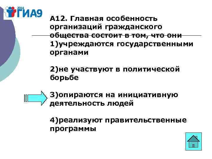 А 12. Главная особенность организаций гражданского общества состоит в том, что они 1)учреждаются государственными