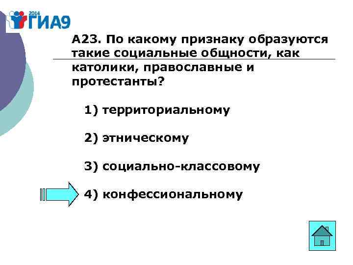 А 23. По какому признаку образуются такие социальные общности, как католики, православные и протестанты?