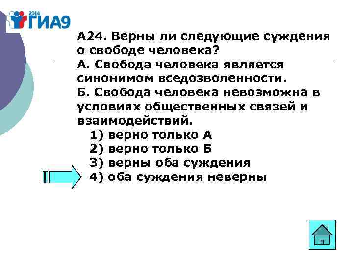 А 24. Верны ли следующие суждения о свободе человека? А. Свобода человека является синонимом