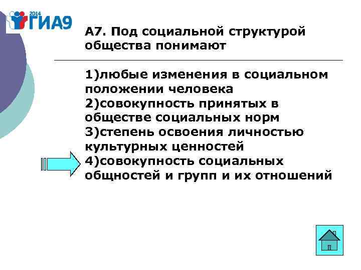 А 7. Под социальной структурой общества понимают 1)любые изменения в социальном положении человека 2)совокупность
