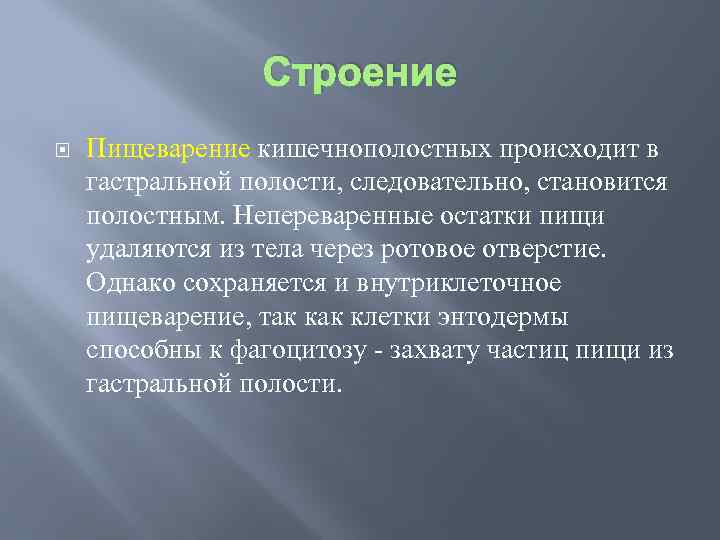 Строение Пищеварение кишечнополостных происходит в гастральной полости, следовательно, становится полостным. Непереваренные остатки пищи удаляются