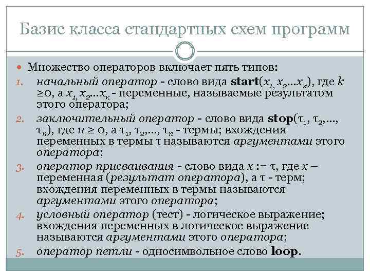 Базис класса стандартных схем программ Множество операторов включает пять типов: 1. начальный оператор -