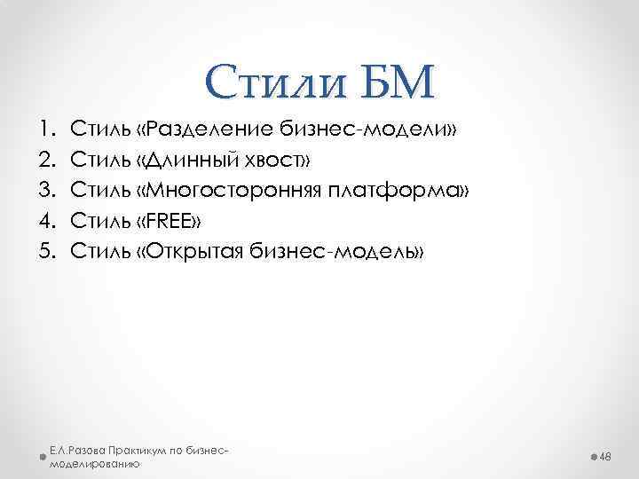 Стили БМ 1. 2. 3. 4. 5. Стиль «Разделение бизнес-модели» Стиль «Длинный хвост» Стиль