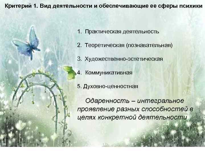 Критерий 1. Вид деятельности и обеспечивающие ее сферы психики 1. Практическая деятельность 2. Теоретическая