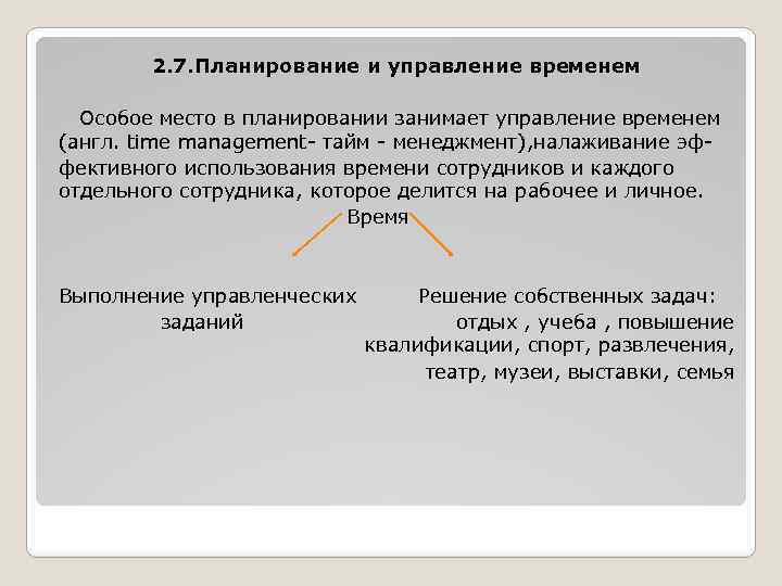 2. 7. Планирование и управление временем Особое место в планировании занимает управление временем (англ.
