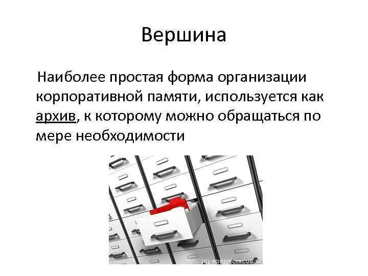 Вершина Наиболее простая форма организации корпоративной памяти, используется как архив, к которому можно обращаться