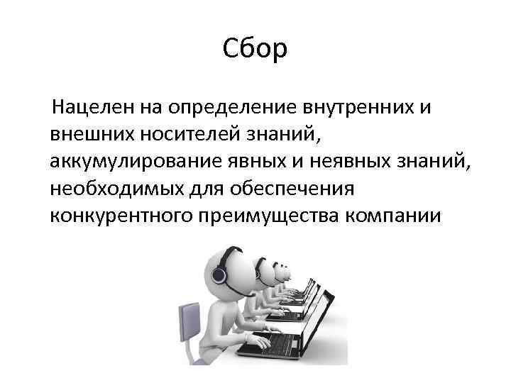 Сбор Нацелен на определение внутренних и внешних носителей знаний, аккумулирование явных и неявных знаний,