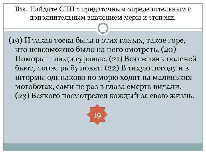 В 14. Найдите СПП с придаточным определительным с дополнительным значением меры и степени. (19)