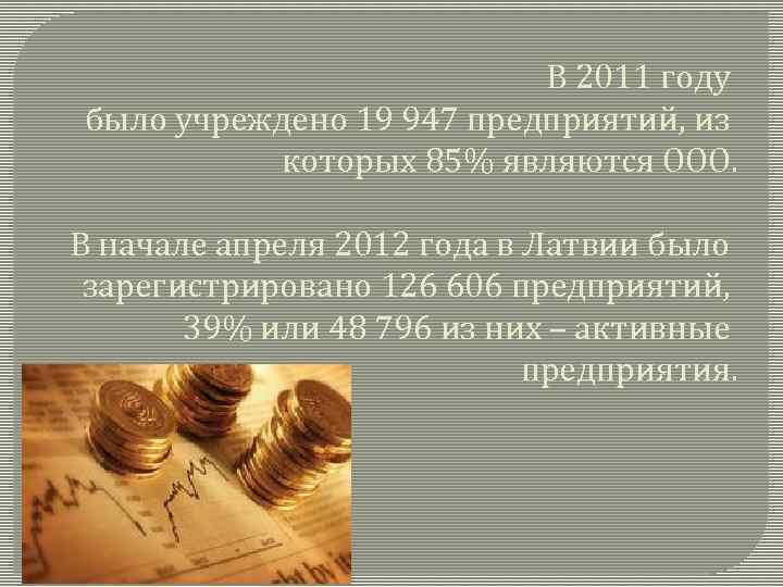 В 2011 году было учреждено 19 947 предприятий, из которых 85% являются ООО. В