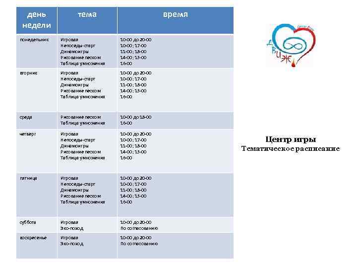 день недели тема время понедельник Игровая Непоседы-старт Динамоигры Рисование песком Таблица умножения 10 -00