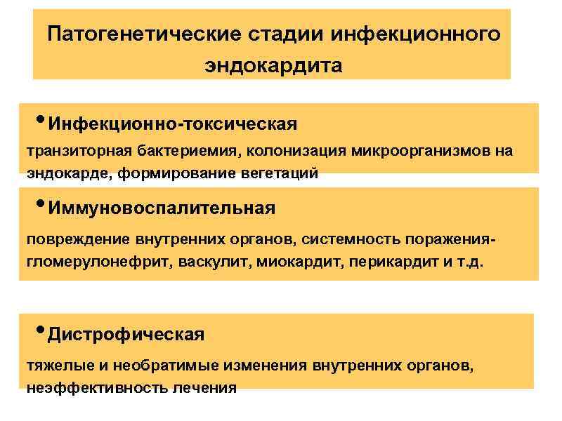 Патогенетические стадии инфекционного эндокардита • Инфекционно-токсическая транзиторная бактериемия, колонизация микроорганизмов на эндокарде, формирование вегетаций