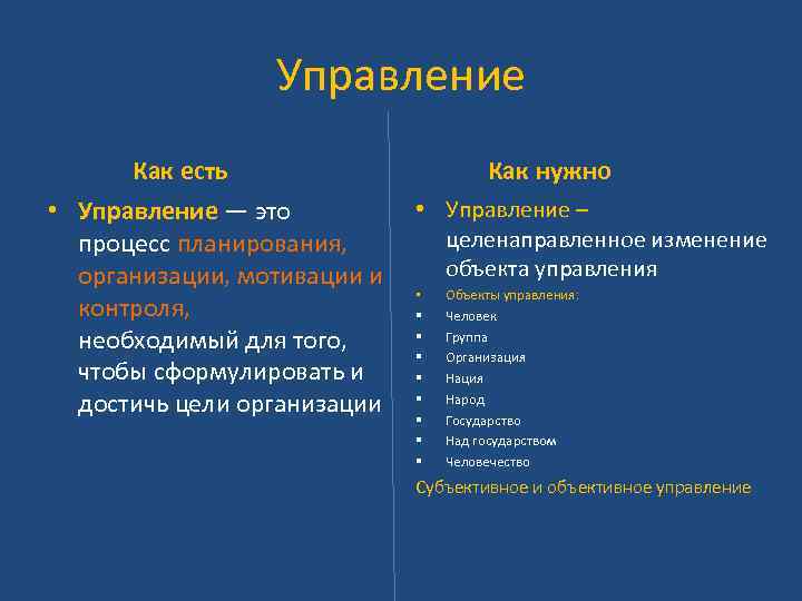 Управление Как есть Как нужно • Управление – • Управление — это целенаправленное изменение