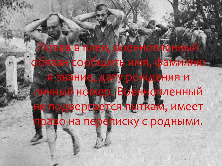 Попав в плен, военнопленный обязан сообщить имя, фамилию и звание, дату рождения и личный