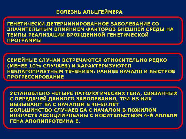 БОЛЕЗНЬ АЛЬЦГЕЙМЕРА ГЕНЕТИЧЕСКИ ДЕТЕРМИНИРОВАННОЕ ЗАБОЛЕВАНИЕ СО ЗНАЧИТЕЛЬНЫМ ВЛИЯНИЕМ ФАКТОРОВ ВНЕШНЕЙ СРЕДЫ НА ТЕМПЫ РЕАЛИЗАЦИИ