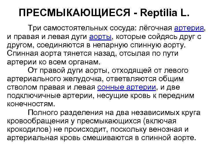 ПРЕСМЫКАЮЩИЕСЯ - Reptilia L. Три самостоятельных сосуда: лёгочная артерия, и правая и левая дуги
