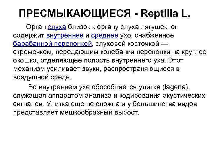 ПРЕСМЫКАЮЩИЕСЯ - Reptilia L. Орган слуха близок к органу слуха лягушек, он содержит внутреннее