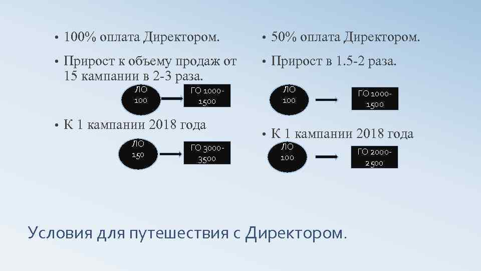  • 100% оплата Директором. • 50% оплата Директором. • Прирост к объему продаж