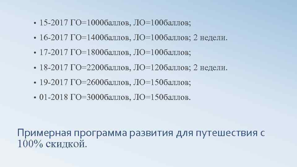  • 15 -2017 ГО=1000 баллов, ЛО=100 баллов; • 16 -2017 ГО=1400 баллов, ЛО=100