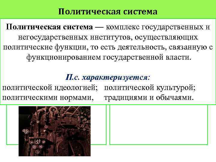 Политическая система — комплекс государственных и • Система — • Политика - негосударственных институтов,