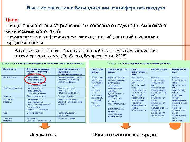 Высшие растения в биоиндикации атмосферного воздуха Цели: - индикация степени загрязнения атмосферного воздуха (в