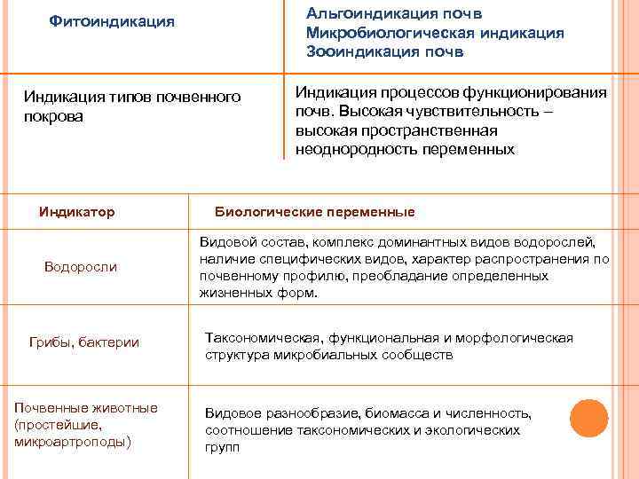 Альгоиндикация почв Микробиологическая индикация Зооиндикация почв Фитоиндикация Индикация типов почвенного покрова Индикатор Водоросли Грибы,