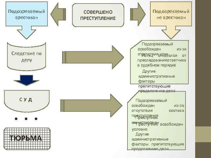 Подозреваемый арестован Следствие по делу СОВЕРШЕНО ПРЕСТУПЛЕНИЕ Подозреваемый не арестован Подозреваемый освобожден из-за отсутствияотказался